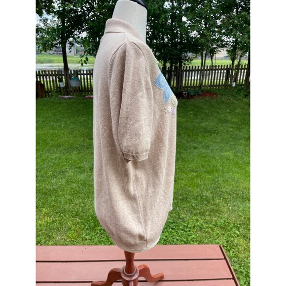 Alfred Dunner Womens 1X Beige Floral Embroidered Short Sleeve Knit Top With Coll - Picture 7 of 9